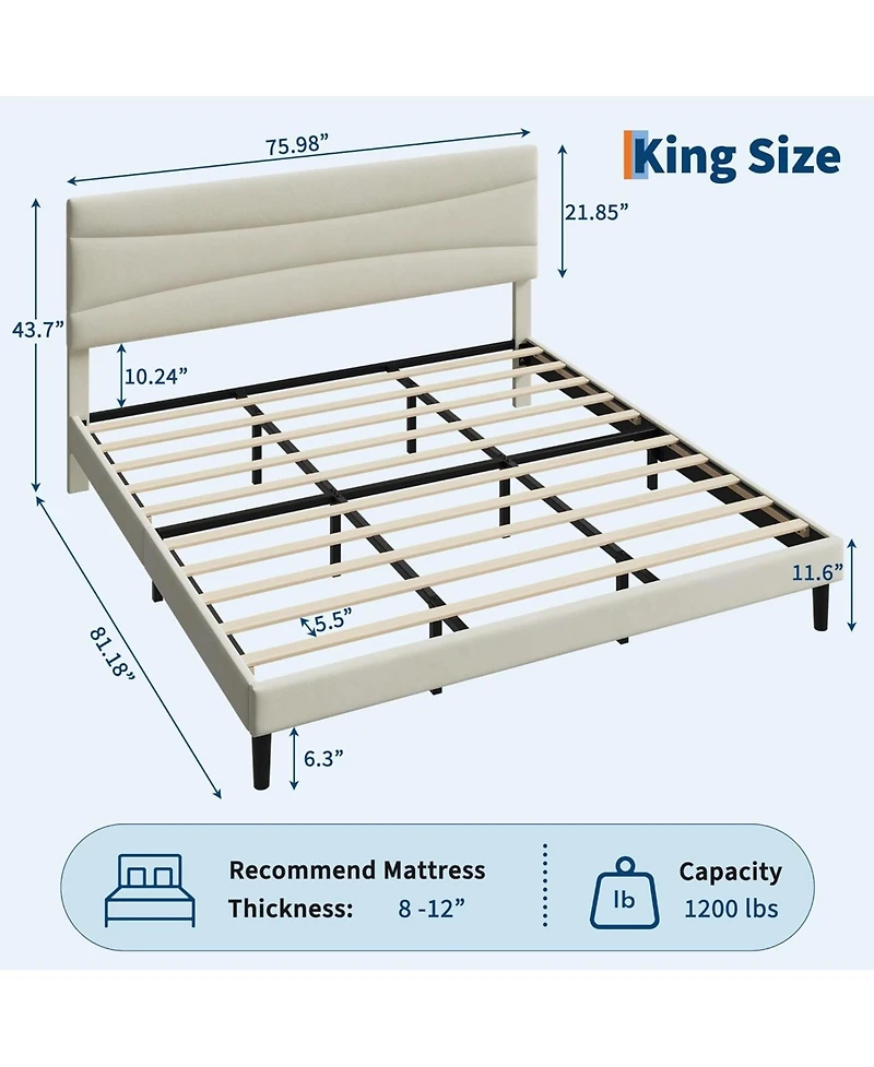 gaomon King Size Bed Frame , Upholstered Platform Bed Frame King Size with Sturdy Wood Slats Support, No Box Spring Needed, Easy Assembly
