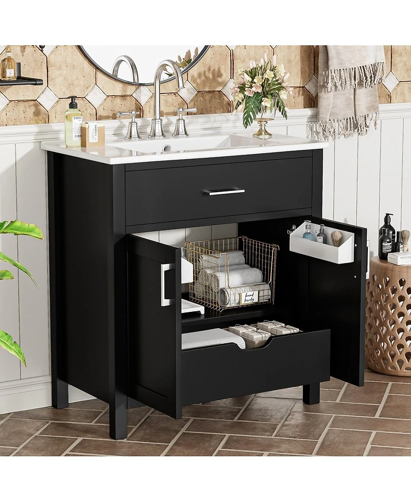 Sillysis 30" Bathroom Vanity with Ceramic Sink, Soft Close Doors and Drawer, Solid Wood Mdf Storage Cabinet for Small Bathrooms