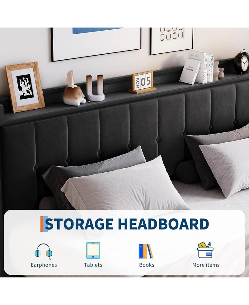 gaomon King Bed Frame Lift-Up Storage Upholstered Velvet Tufted Headboard Metal Frame Wooden Slats No Box Spring