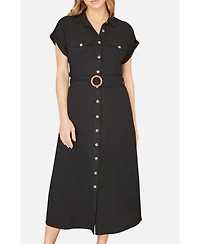 Yumi Women's Viscose Linen Look Midi Shirt Dress