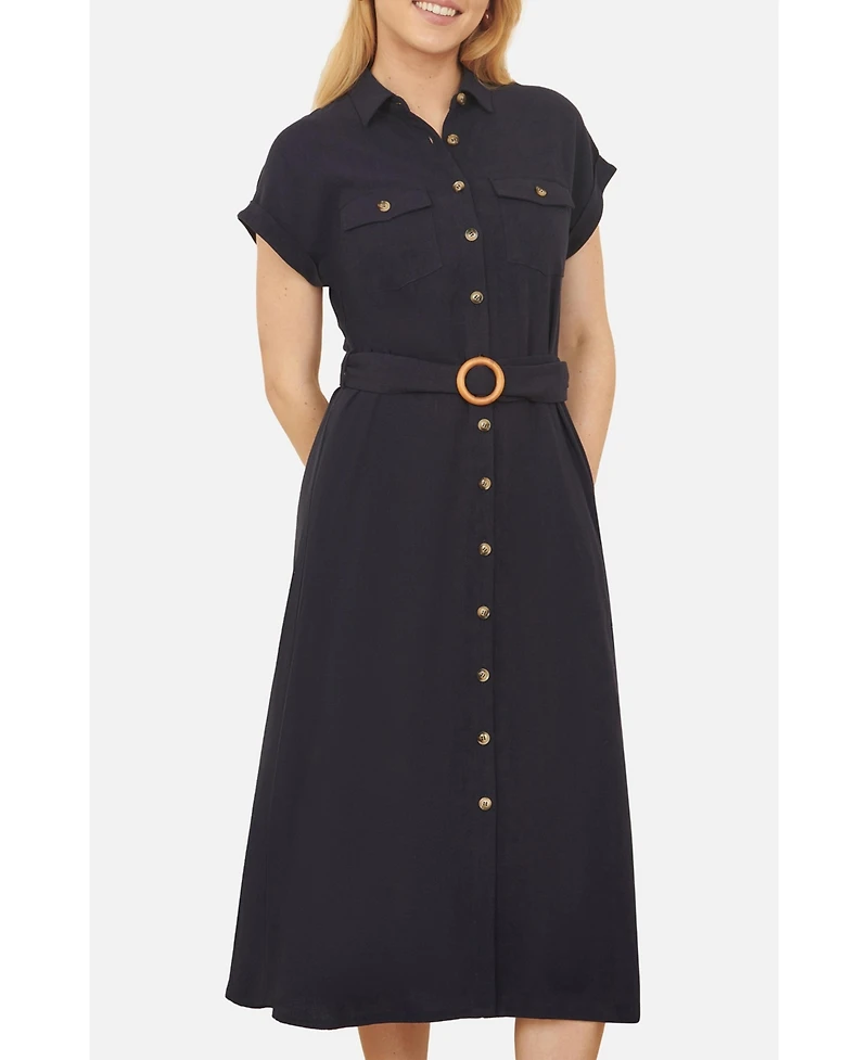 Yumi Women's Linen Look Midi Shirt Dress