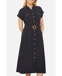 Yumi Women's Linen Look Midi Shirt Dress