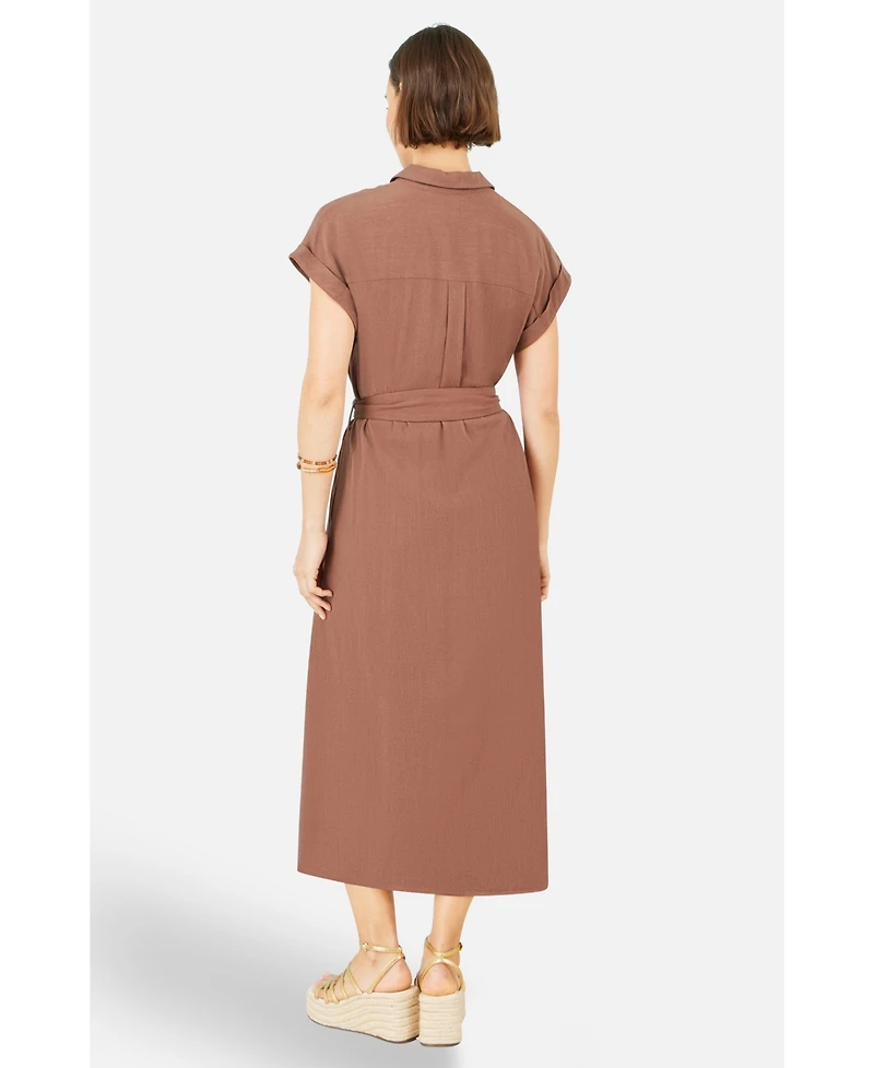 Yumi Women's Viscose Linen Look Midi Shirt Dress