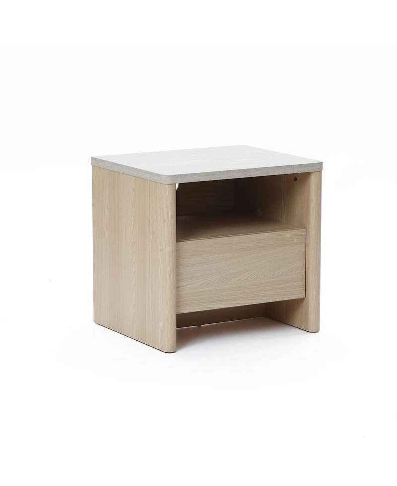LuxenHome Snowy Oak Nightstand & End Table with Storage, Faux Travertine Top, Durable Manufactured Wood