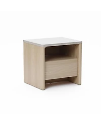 LuxenHome Snowy Oak Nightstand & End Table with Storage, Faux Travertine Top, Durable Manufactured Wood