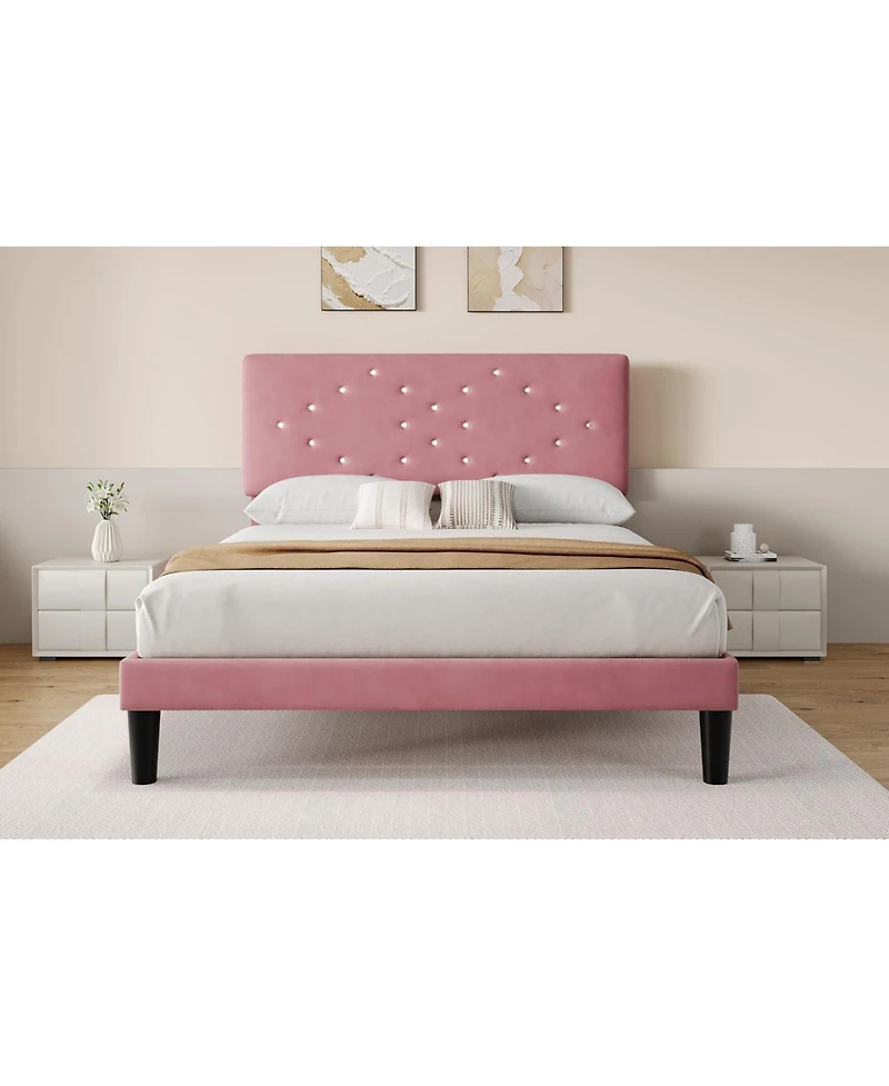 gaomon Bed Frame Upholstered Platform Button Tufted Headboard Under-Bed Storage Wooden Slats Noise Free No Box Spring