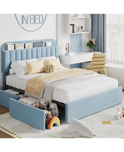 gaomon Bed Frame Storage Headboard 2 Drawers Boucle Upholstered Platform Bookcase Easy Assembly No Box Spring.