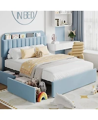 gaomon Bed Frame Storage Headboard 2 Drawers Boucle Upholstered Platform Bookcase Easy Assembly No Box Spring.