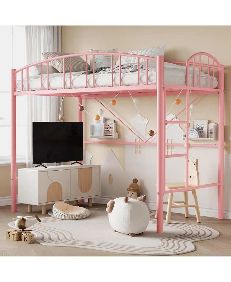 gaomon Twin Loft Bed-Heavy Duty Metal Frame-Arched Guardrail Safety Ladder-Space Saving Compact Bedroom Frame