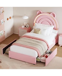 gaomon Twin Princess Bed Frame 4 Storage Drawers Led Lights Velvet Upholstered Rainbow Headboard Solid Wood Slats No Box Spring
