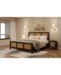 gaomon Rattan Boho Platform Bed Frame with Cane Headboard- Strong Metal Slat Support- Easy Assembly- No Box Spring Needed for Bedroom