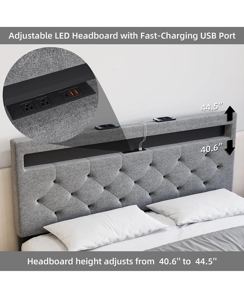 gaomon Upholstered Platform Bed with Led Headboard and Usb Charging- Fast-Charging Ports- No Box Spring Needed- Easy Assembly.