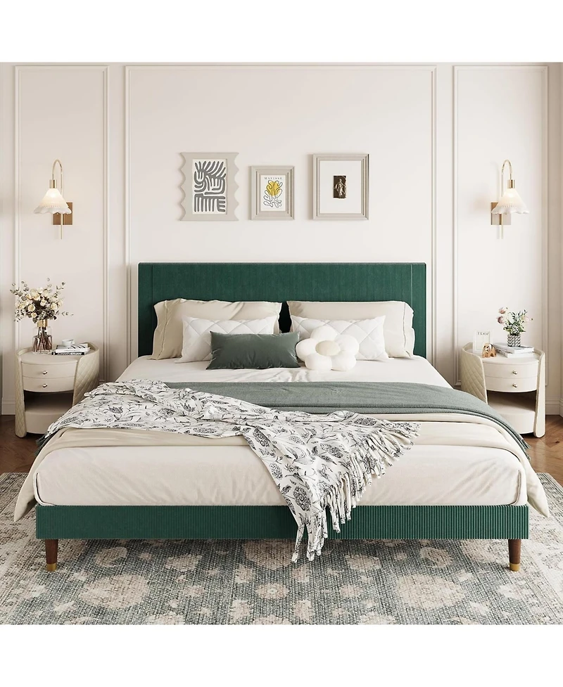 gaomon Upholstered Platform Bed Fabric Headboard Wooden Metal Slats Noise-Free Easy Assembly No Box Spring