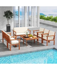 Gymax 8 Pieces Patio Furniture Set, Acacia Wood Porch Chairs w/ Table