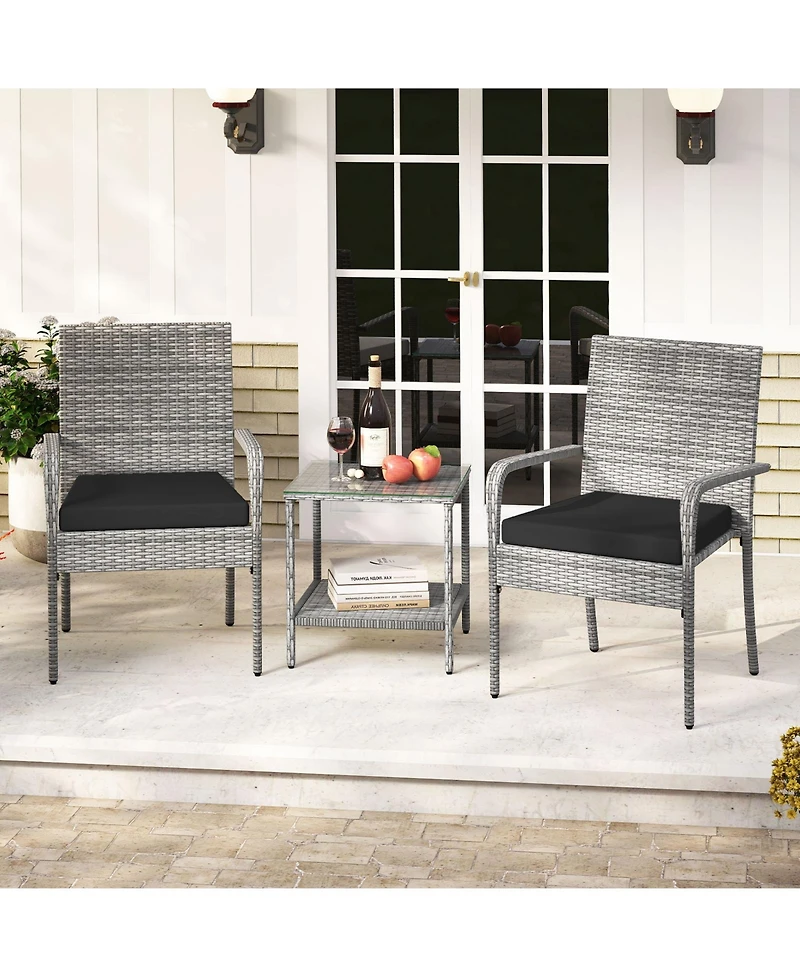 Gymax 3 Pieces Patio Furniture Set Pe Rattan Porch Chairs w/ 2-Tier Table
