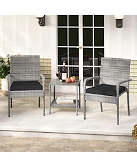 Gymax 3 Pieces Patio Furniture Set Pe Rattan Porch Chairs w/ 2-Tier Table