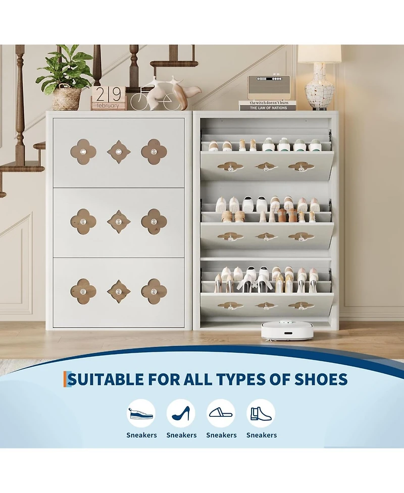 gaomon Shoe Cabinet with 3 Carved Flip Drawers, Crystal Handles, Storage Adjustable Shelf, Wooden Organizer