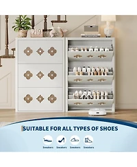 gaomon Shoe Cabinet with 3 Carved Flip Drawers, Crystal Handles, Storage Adjustable Shelf, Wooden Organizer