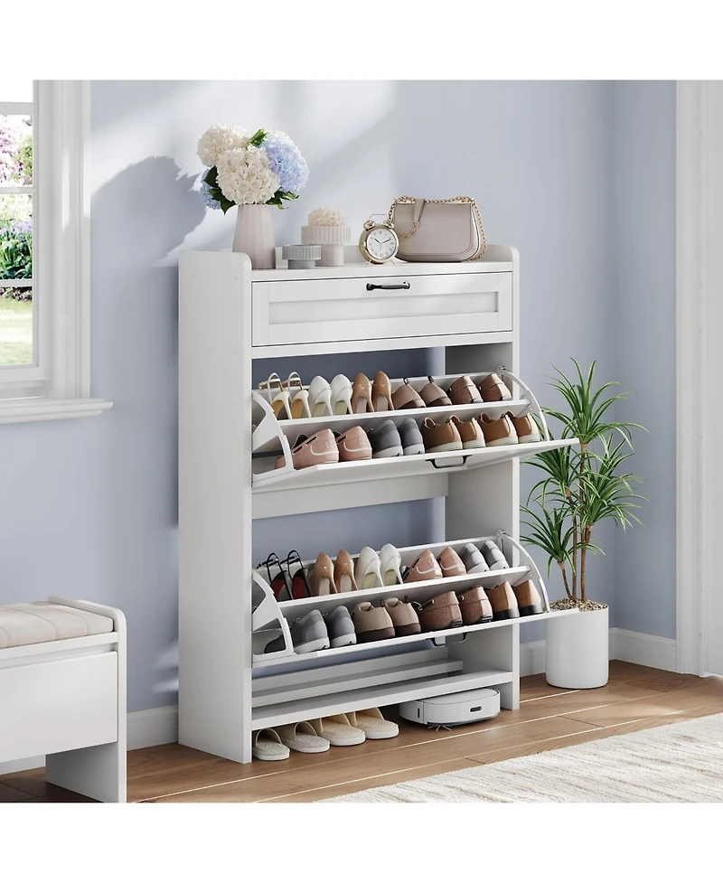 gaomon Shoe Cabinet with 2 Flip Drawers and 1 Top Drawer High-Gloss Painted Wood Shoe Organizer