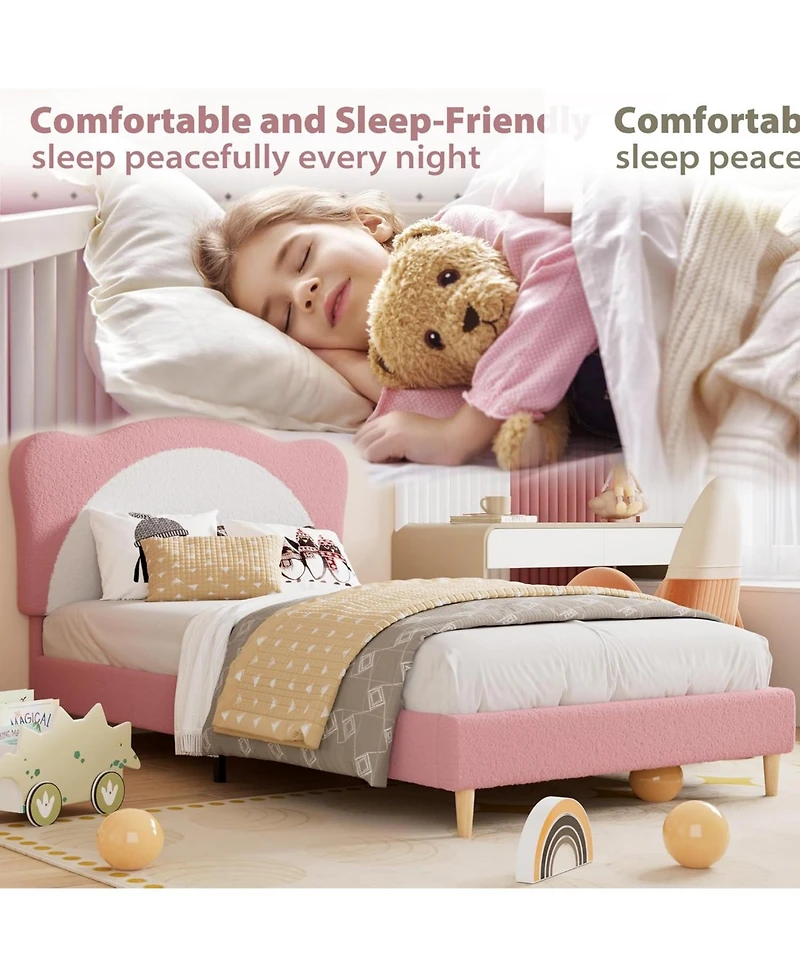 gaomon Velvet Princess Platform Bed with Upholstered Headboard Solid Wood Slats Support for Kids