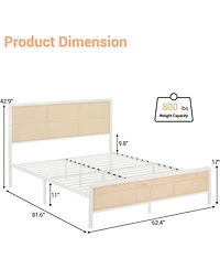 gaomon Queen Size Bed Frame with Led Rattan Headboard Heavy Duty Metal Slats Platform No Box Spring Easy Assembly