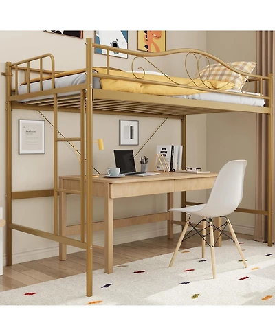 gaomon Metal Loft Bed with Ladder Guardrail Heavy Duty 400 Lbs No Box Spring Easy Assembly Space-Saving