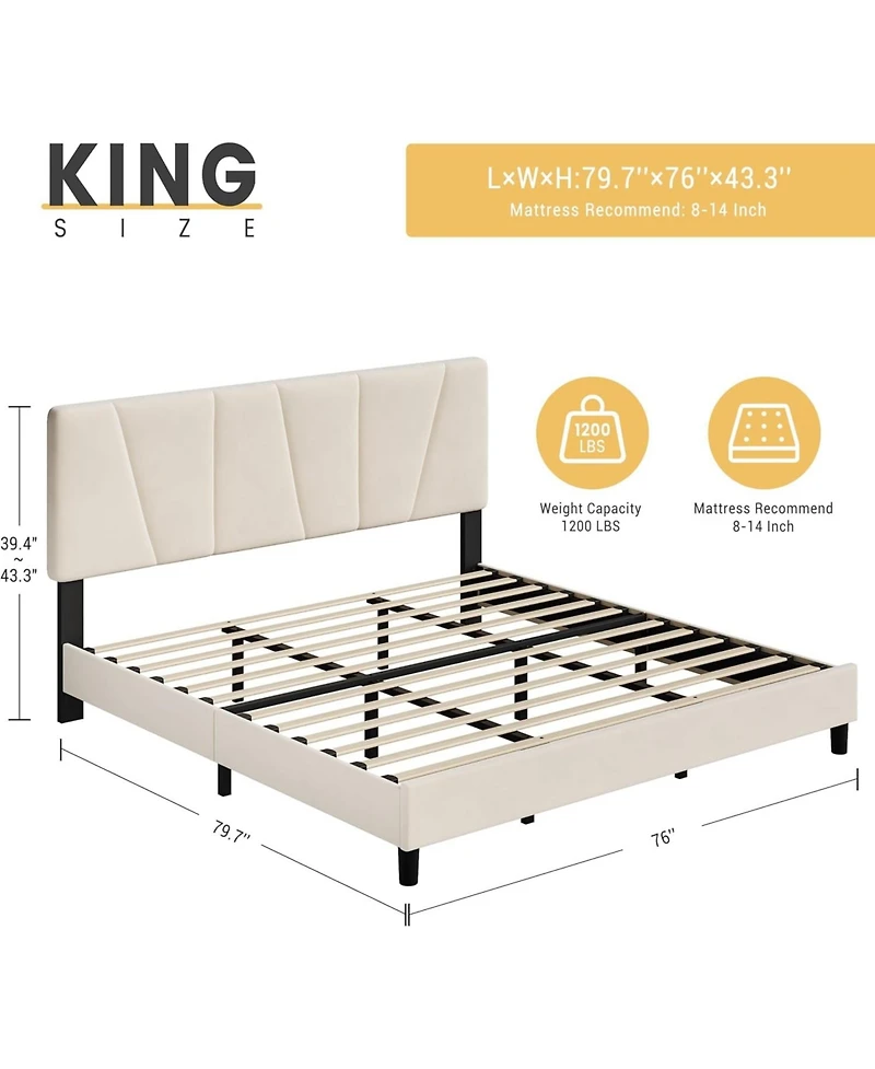 gaomon Upholstered Bed Frame- Adjustable Velvet Headboard Wood Slats No Box Spring Needed