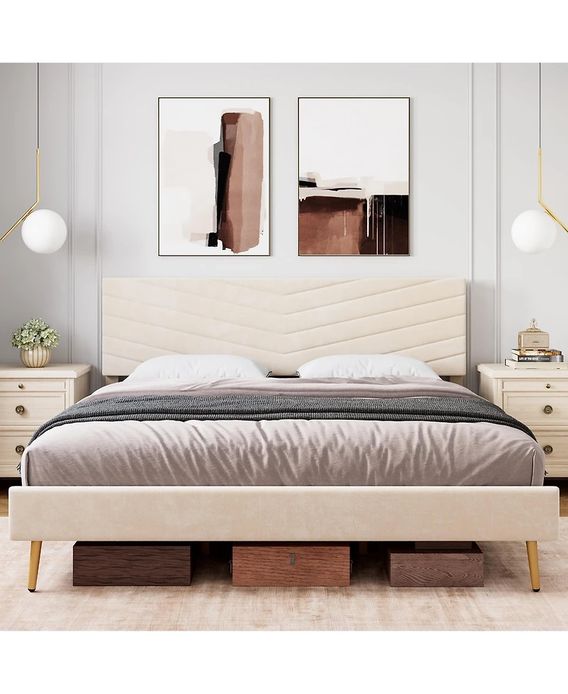 gaomon Bed Frame Velvet Upholstered Platform Adjustable Headboard Solid Wood Slats Support No Box Spring Easy Assembly Noise Free.