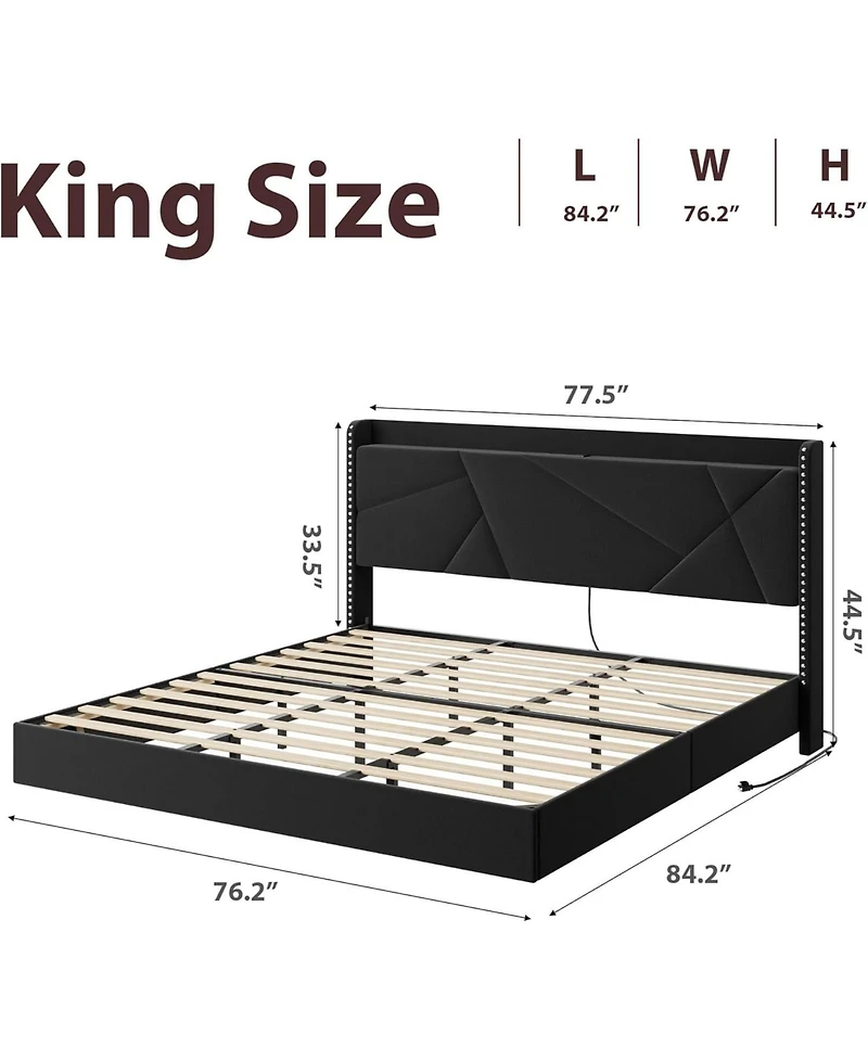 gaomon Floating Bed Frame Led Lights Usb Charging Upholstered Storage Headboard Metal Slats No Box Spring.