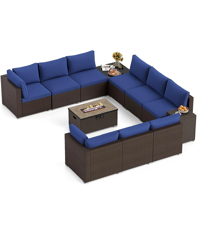 Gymax 12 Pcs Outdoor Patio Wicker Sectional Sofa Set w/ 32'' Propane Fire Pit Table Tank Holder