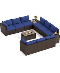 Gymax 12 Pcs Outdoor Patio Wicker Sectional Sofa Set w/ 32'' Propane Fire Pit Table Tank Holder