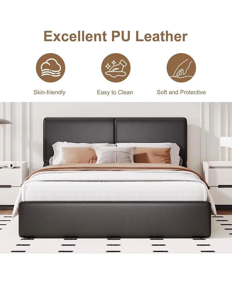 gaomon Upholstered Platform Bed Frame with 2 Storage Drawers, Faux Leather Low Profile Bed Base with Wood Slat Support