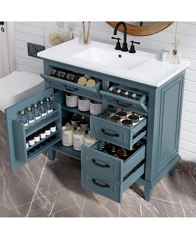 Sillysis 36" Bathroom Vanity with Ceramic Sink, Flip Drawers and Adjustable Shelf
