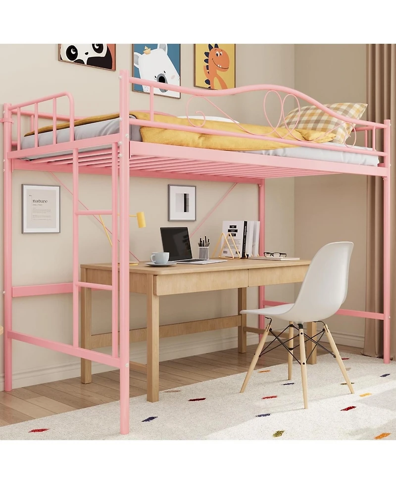 gaomon Metal Loft Bed with Ladder Guardrail Heavy Duty 400 Lbs No Box Spring Easy Assembly.
