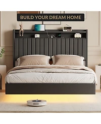 gaomon Floating Bed Frame Queen Rgb Led Lights Charging Station 50" Leather Headboard Upholstered Storage No Box