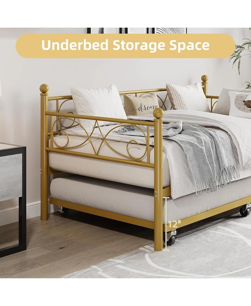 gaomon Twin Daybed with Trundle Space-Saving Gold Metal Frame Storage Clearance Heavy Duty Slats Elegant Design