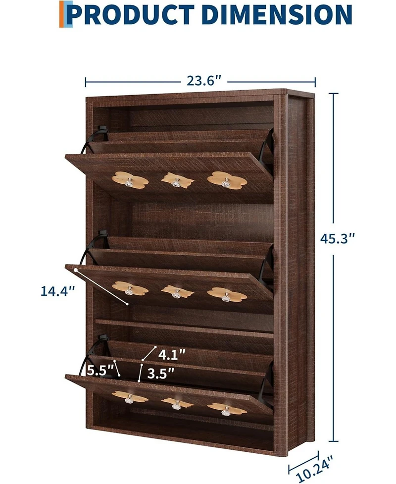 Gaomon Shoe Cabinet with 3 Flip Drawers, Slim Hidden Wood Shoe Cabinet with Adjustable Shelves, Flower Pattern, Diamond Handle, Narrow Organizer