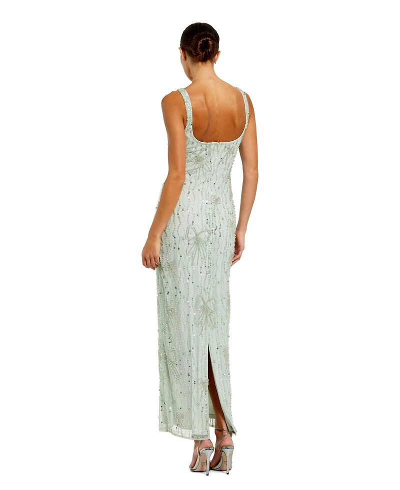 Mac Duggal Women's Beaded Mesh Scoop Neck Fitted Gown With Bows