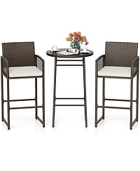 Gymax 3 Piece Wicker Patio Bar Set w/ 2 Seat Cushions Glass Tabletop for Backyard