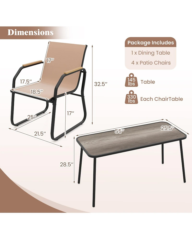 Gymax 5 Pcs Patio Dining Set w/ Wood-like Armrests & Metal Frame for Garden Yard