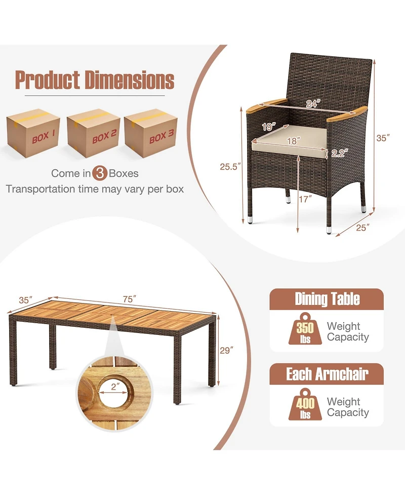 Gymax 9 Pieces Patio Pe Wicker Dining Set Outdoor Acacia Wood Table and Chairs