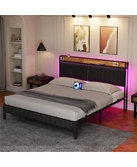 gaomon Queen Bed Frame Led Light Charging Station Upholstered Platform Storage Headboard Metal Slat Easy Assembly Noise Free Black