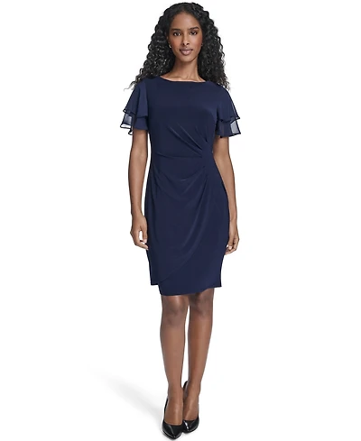 Jessica Howard Petite Flutter-Sleeve Tuck Faux Wrap Sheath Dress