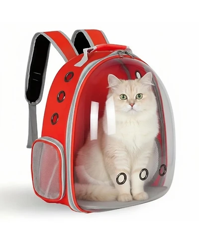 Breathable Transparent Pet Carrier Bag for Cats & Small Dogs – Portable Space Capsule with Zipper, Red, Ideal for Travel & Outdoor Adventures