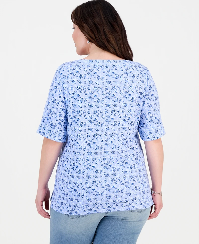 Style & Co Plus Printed Boat-Neck Elbow-Sleeve Top, Exclusively at Macy's
