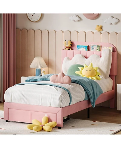 gaomon Twin Bed Frame for Kids, Upholstered Platform with Large Storage Drawer and Bookcase Headboard
