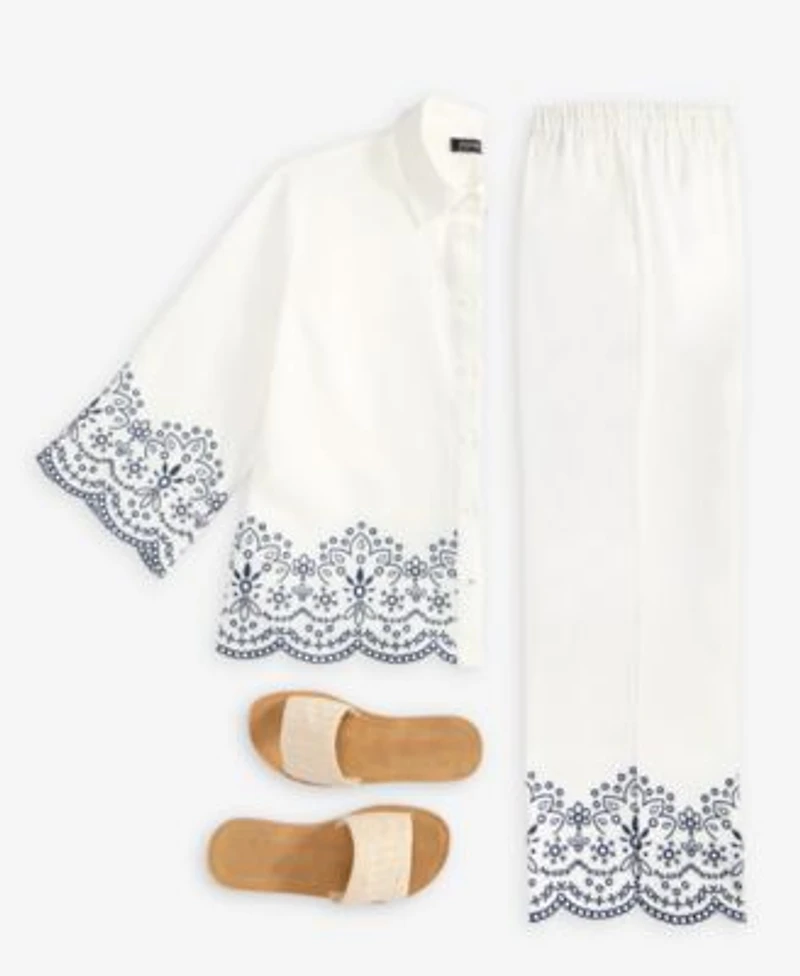 Jones New York Womens Embroidered Button Front Shirt Cropped Pull On Pants