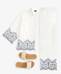 Jones New York Womens Embroidered Button Front Shirt Cropped Pull On Pants