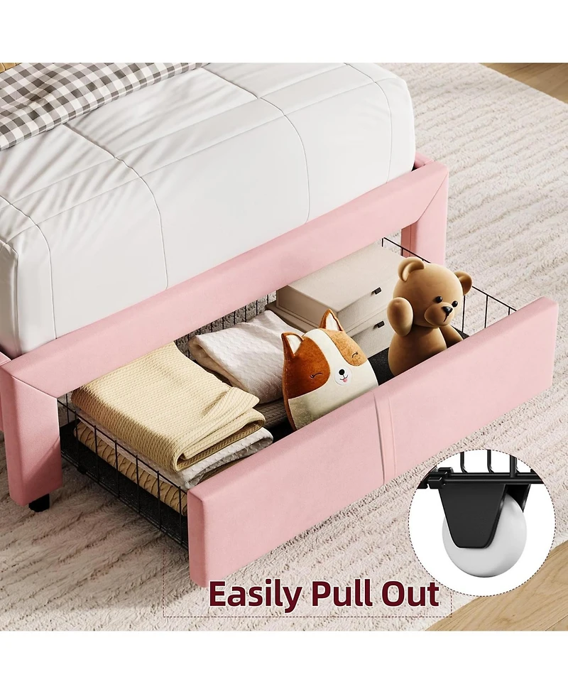 gaomon Set of 2 Bed Frame for Kids - Velvet Upholstered Platform Bed with Storage Bookcase Headboard & Large Drawer, Girls Bed, Noise-Free