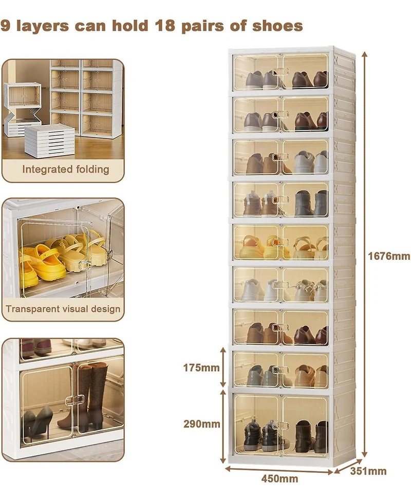gaomon 9 Tier Foldable Shoe Rack Organizer with Clear Doors - Storage for 18 Pairs Collapsible Shoe Cabinet for Entryway Living Room Closet